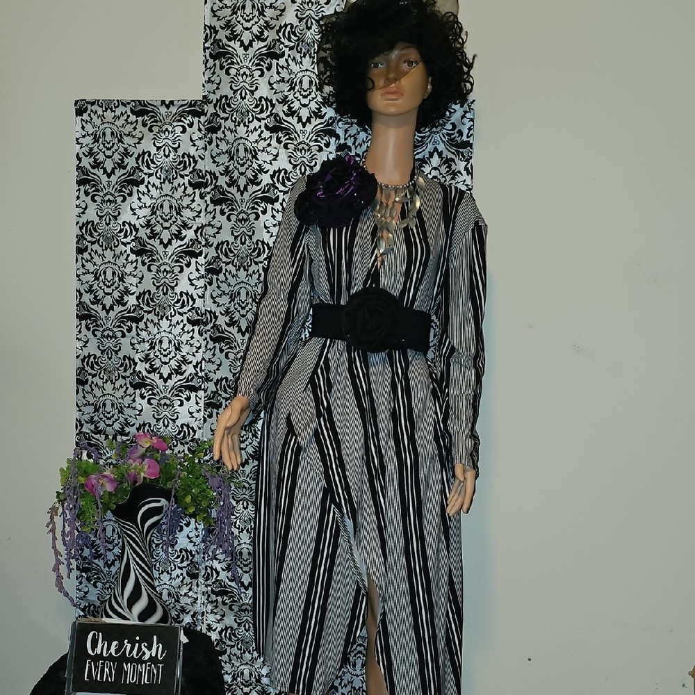 Elegant Striped Long Sleeve Dress with Floral Accent